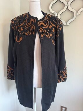 Black Open-Front Cardigan with Brown Appliqué Details